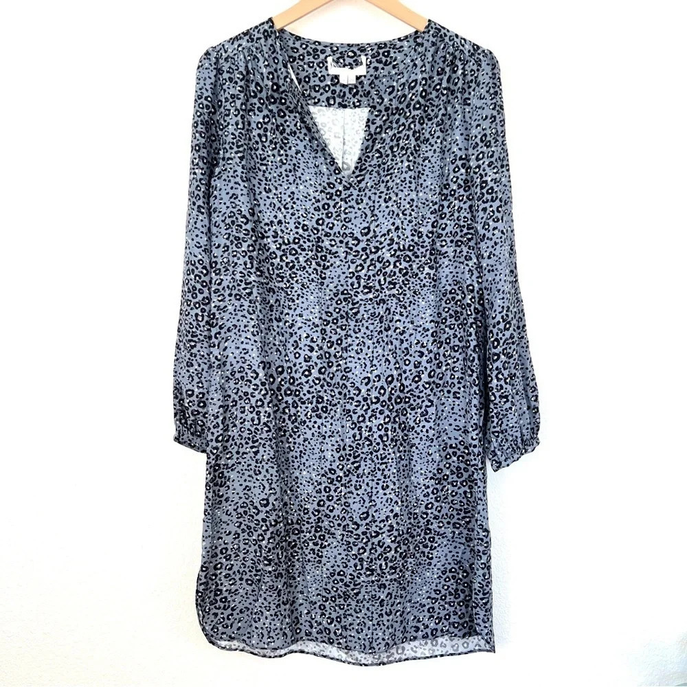 Charlotte Brody Silk Grey Black White Leopard Print LongSleeve Shirt Dress Small